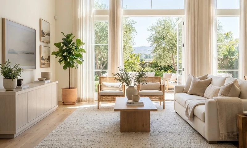 A bright, tastefully furnished California living room with warm neutrals and natural sunlight