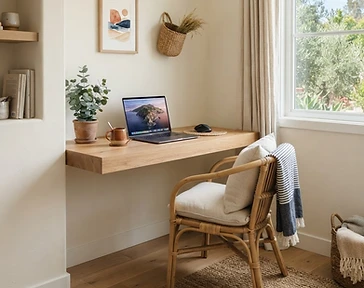 A cozy remote-office nook with a floating wood shelf desk