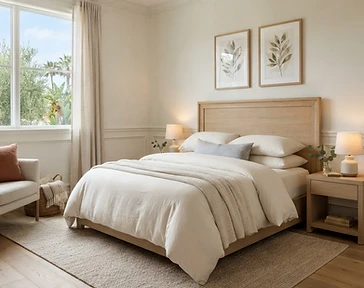 A restful furnished bedroom with soft ivory linens and a reading lamp