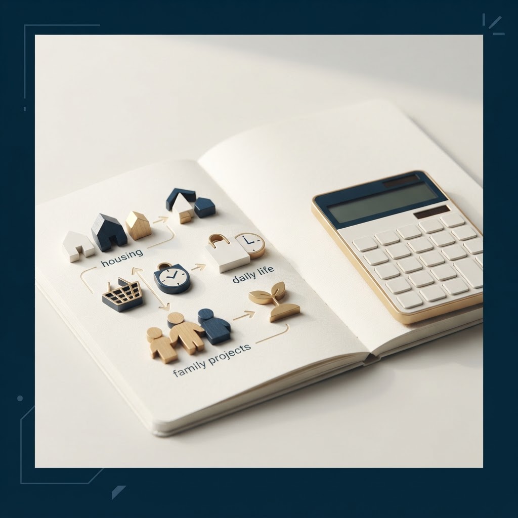 Carnet, calculatrice et formes symbolisant les éléments d'un portrait financier familial.