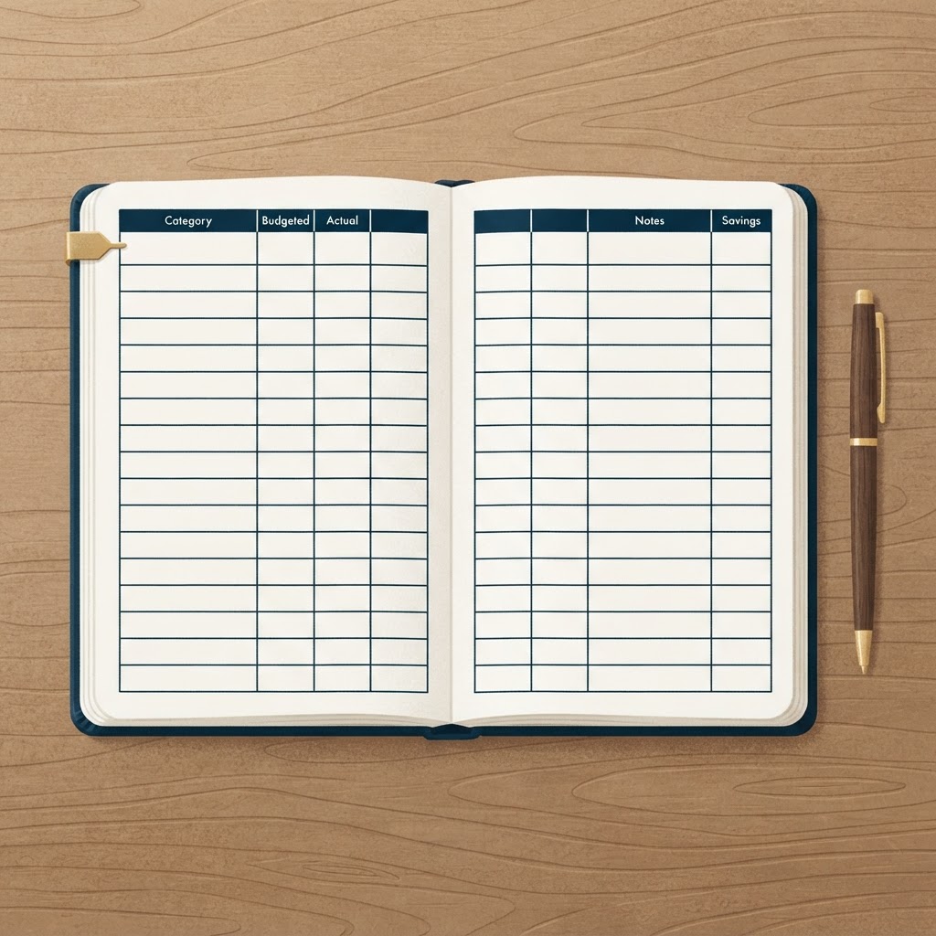 Carnet de budget familial ouvert à des colonnes nettes avec un point de départ.