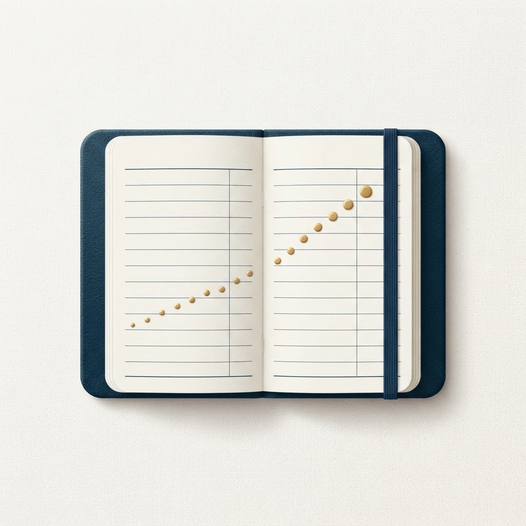 Carnet de budget et petits repères pour illustrer une épargne progressive.