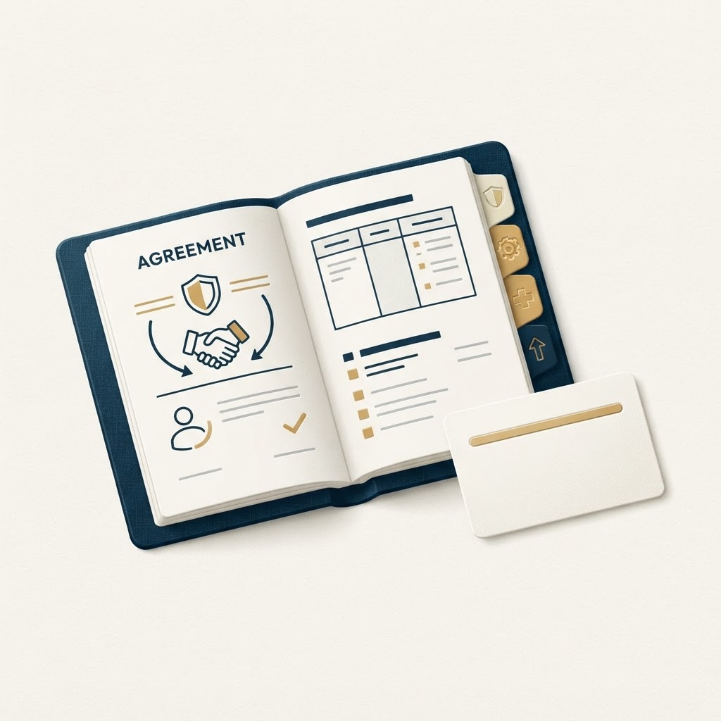 Livret d'assurance et onglets permettant de distinguer les garanties au travail.