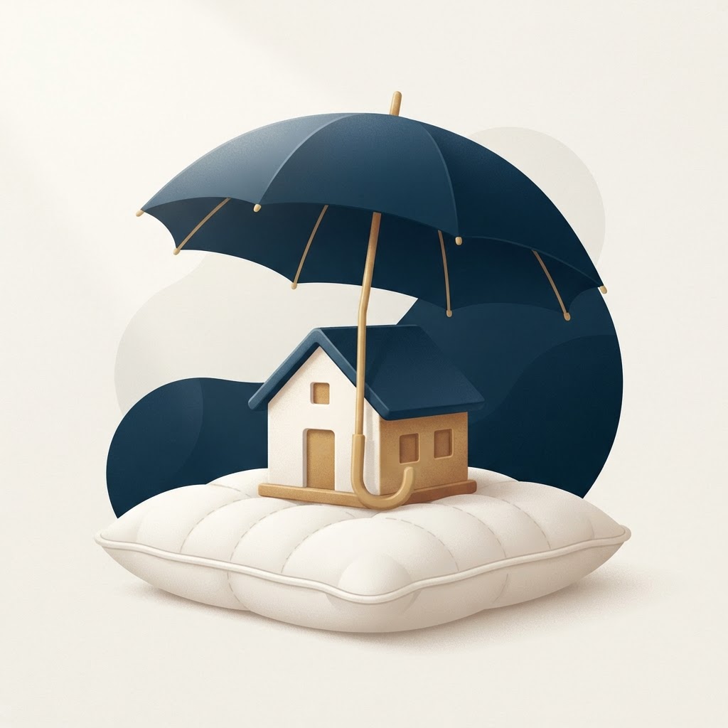 Parapluie protégeant une petite maison, évoquant une réserve de sécurité.