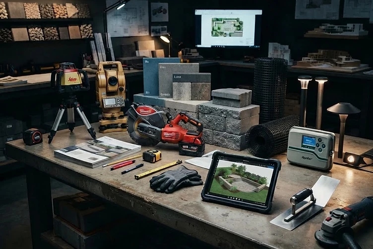 Modern hardscape studio tools and materials on a concrete workbench