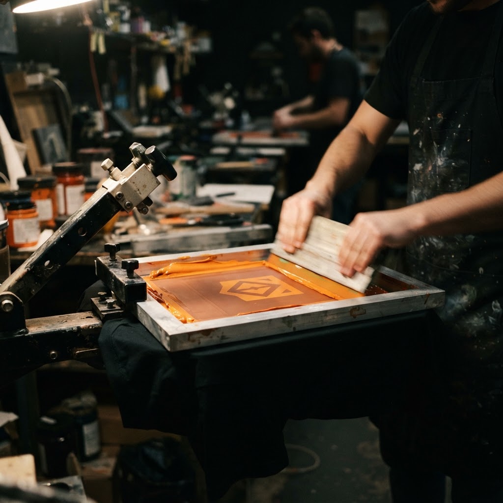 Screen printing orange ink onto a black t-shirt