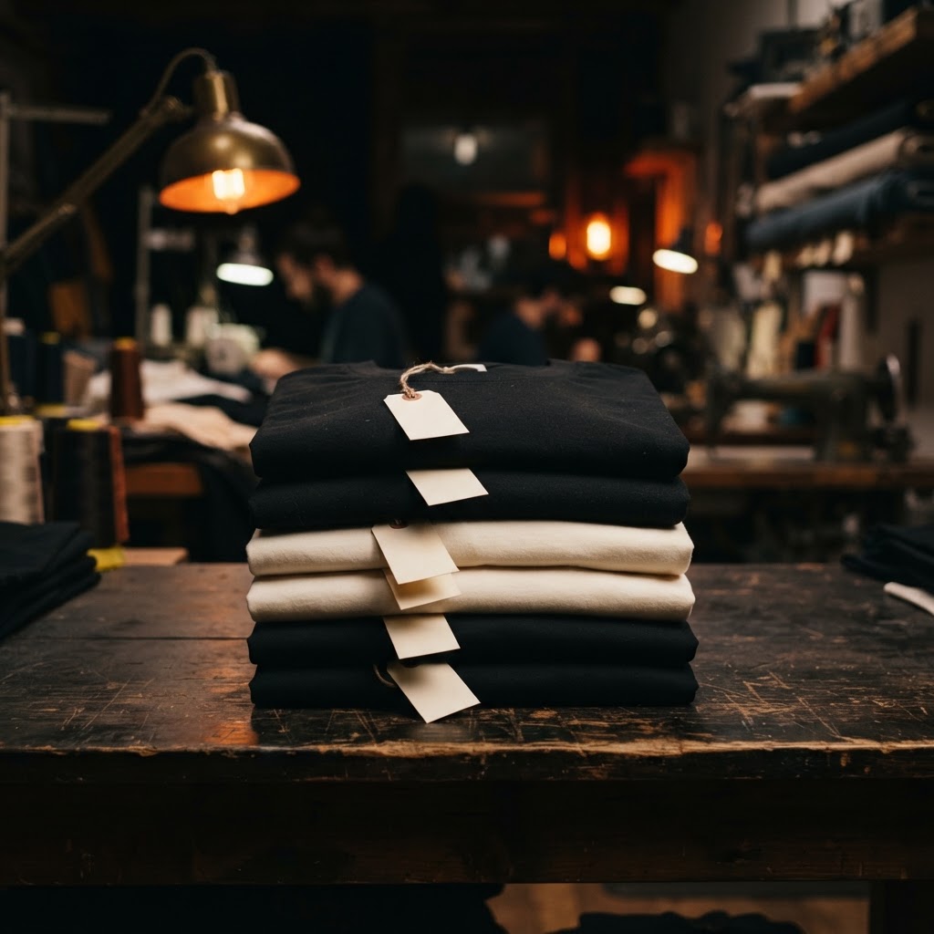 Folded apparel with brand hang tags ready for production