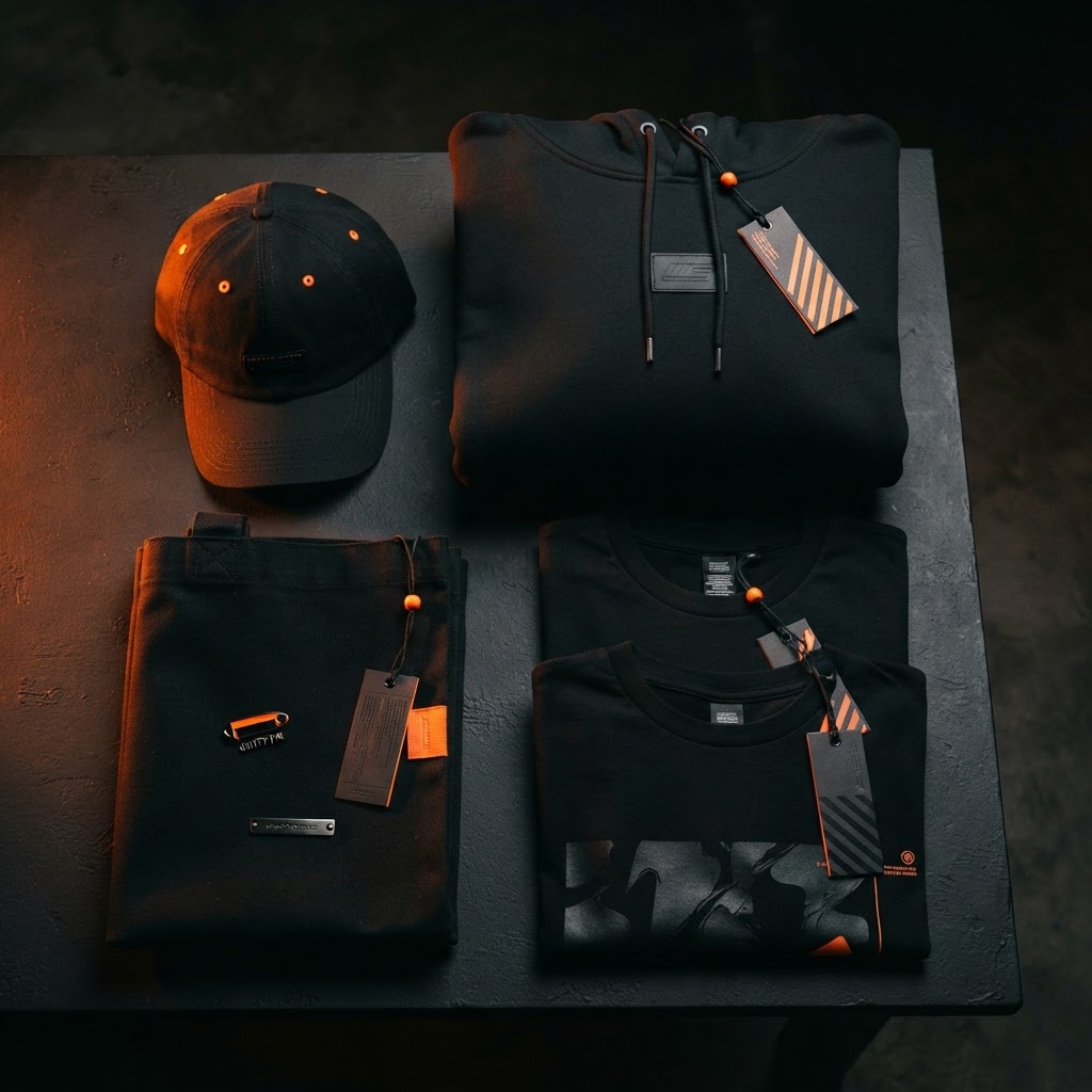 Premium merch brand assets flat lay