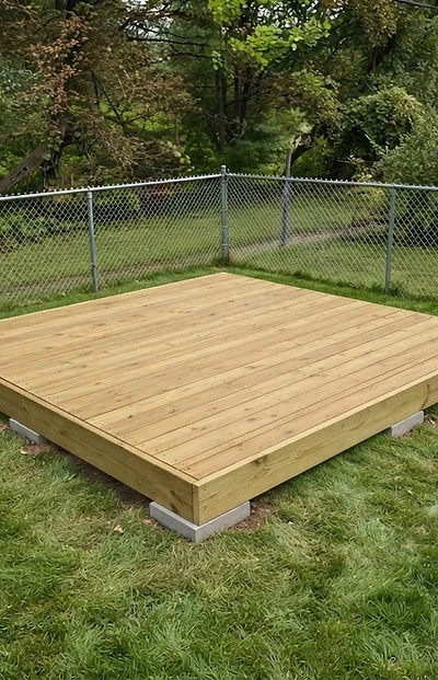 Finished deck in a backyard