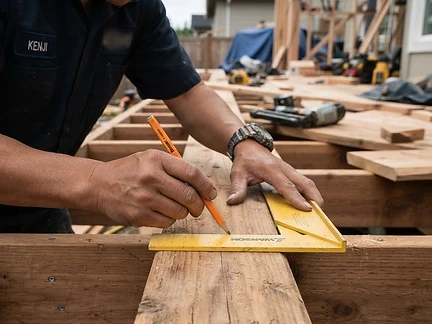 Hands marking a cedar deck board