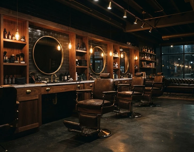 Cinematic barbershop interior at night with warm amber lighting