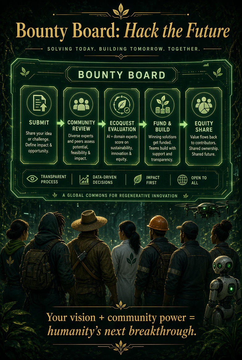 Bounty Board: Hack the Future — a five-step console (Submit, Community Review, EcoQuest Evaluation, Fund & Build, Equity Share) grounded in transparent process, data-driven decisions, impact-first, and open-to-all principles — a global commons for regenerative innovation.