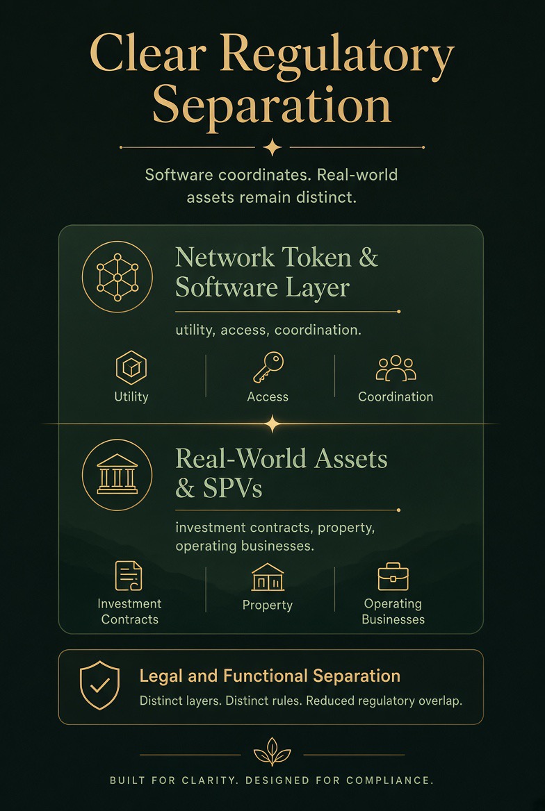 Clear Regulatory Separation — the Network Token & Software Layer (utility, access, coordination) kept distinct from Real-World Assets & SPVs (investment contracts, property, operating businesses), with a legal and functional separation reducing regulatory overlap.