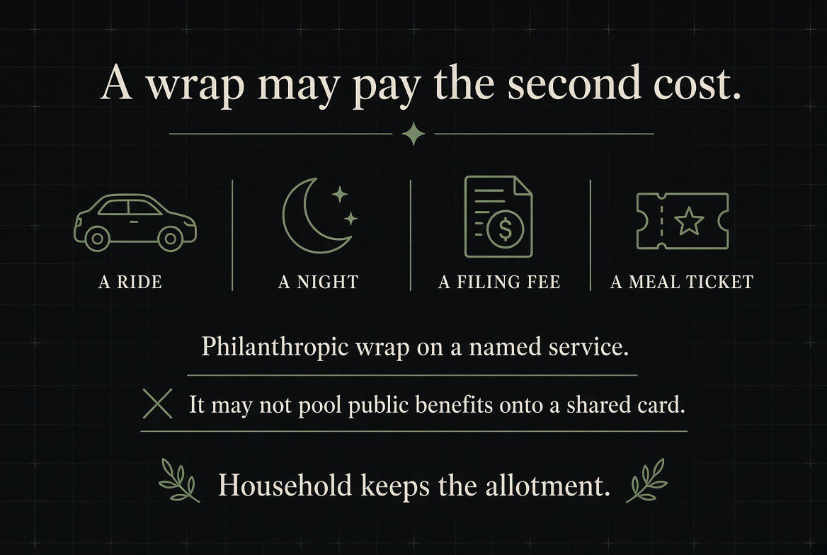 A wrap may pay the second cost — a ride, a night, a filing fee, a meal ticket. Philanthropic wrap on a named service; it may not pool public benefits onto a shared card. Household keeps the allotment.