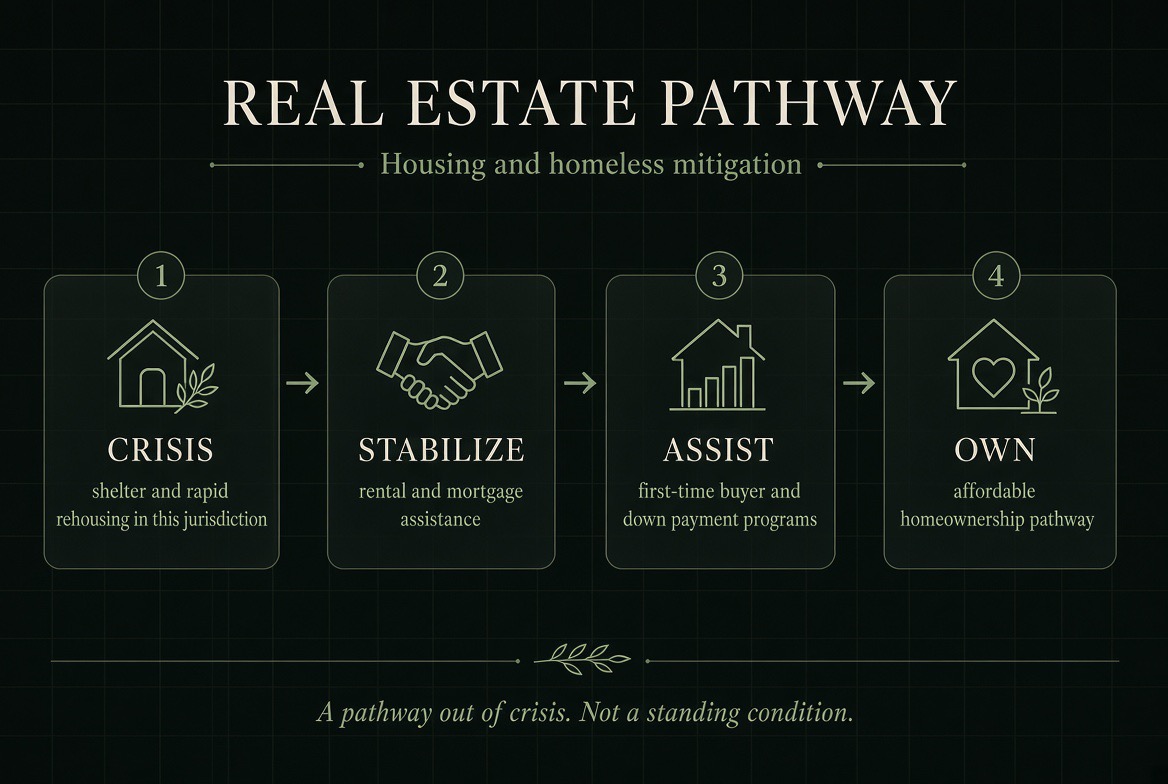 Real Estate Pathway — four steps: Crisis (shelter and rapid rehousing in this jurisdiction), Stabilize (rental and mortgage assistance), Assist (first-time buyer and down payment programs), Own (affordable homeownership pathway). A pathway out of crisis, not a standing condition.