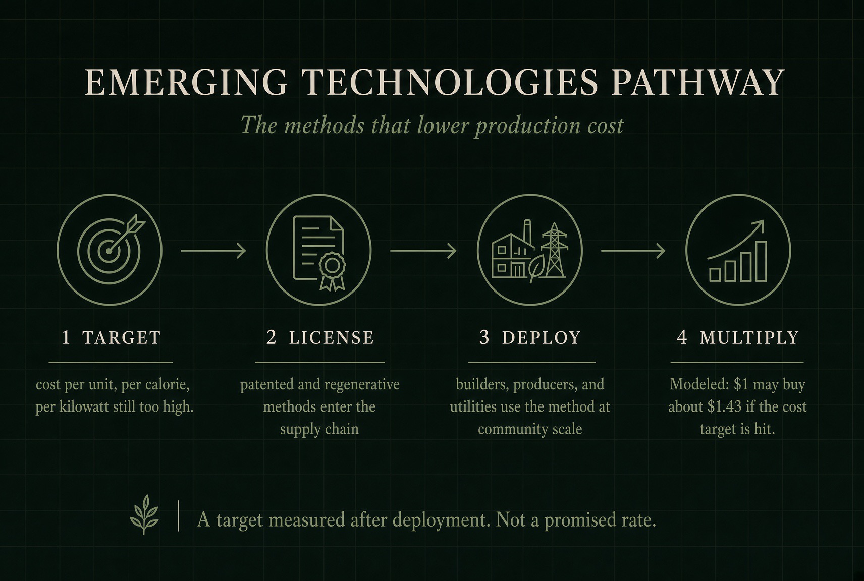 Emerging Technologies Pathway — the methods that lower production cost: Target (cost per unit, per calorie, per kilowatt still too high), License (patented and regenerative methods enter the supply chain), Deploy (builders, producers, and utilities use the method at community scale), Multiply (modeled: $1 may buy about $1.43 if the cost target is hit). A target measured after deployment — not a promised rate.