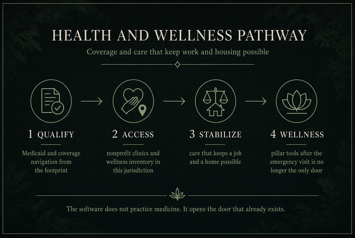 Health and Wellness Pathway — four steps: Qualify (Medicaid and coverage navigation from the footprint), Access (nonprofit clinics and wellness inventory in this jurisdiction), Stabilize (care that keeps a job and a home possible), Wellness (pillar tools after the emergency visit is no longer the only door). The software does not practice medicine.