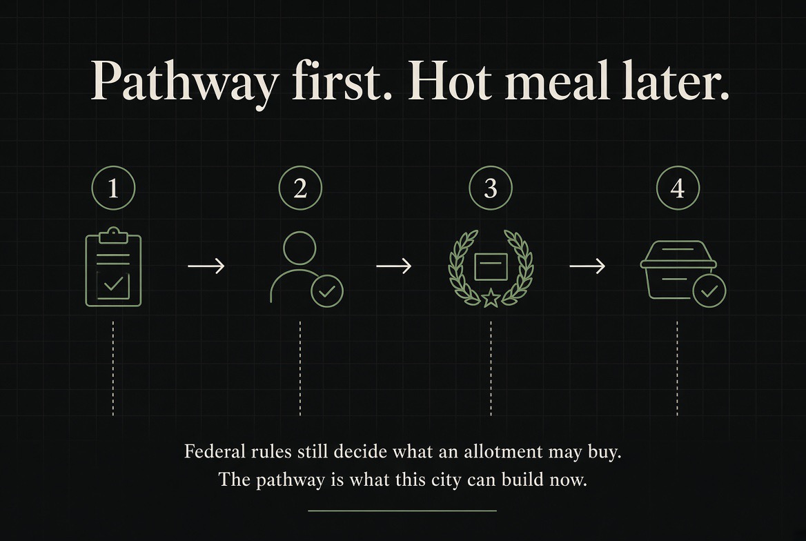 Pathway first, hot meal later — the four steps from qualifying household, consent, licensed kitchen, to a posted block the kitchen can bid against.