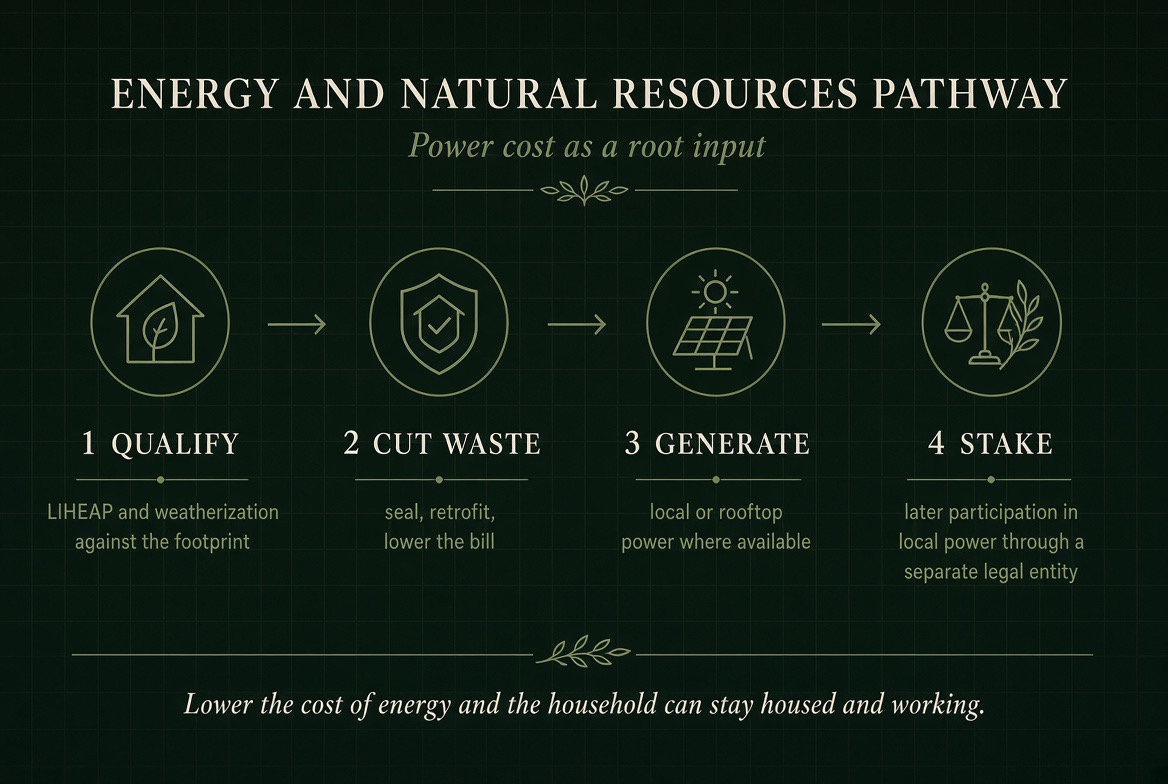 Energy and Natural Resources Pathway — four steps: Qualify (LIHEAP and weatherization against the footprint), Cut Waste (seal, retrofit, lower the bill), Generate (local or rooftop power where available), Stake (later participation in local power through a separate legal entity).