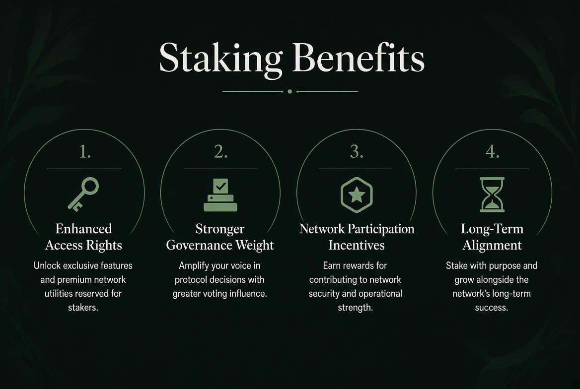 Staking Benefits — four benefits: Enhanced Access Rights, Stronger Governance Weight, Network Participation Incentives, and Long-Term Alignment.