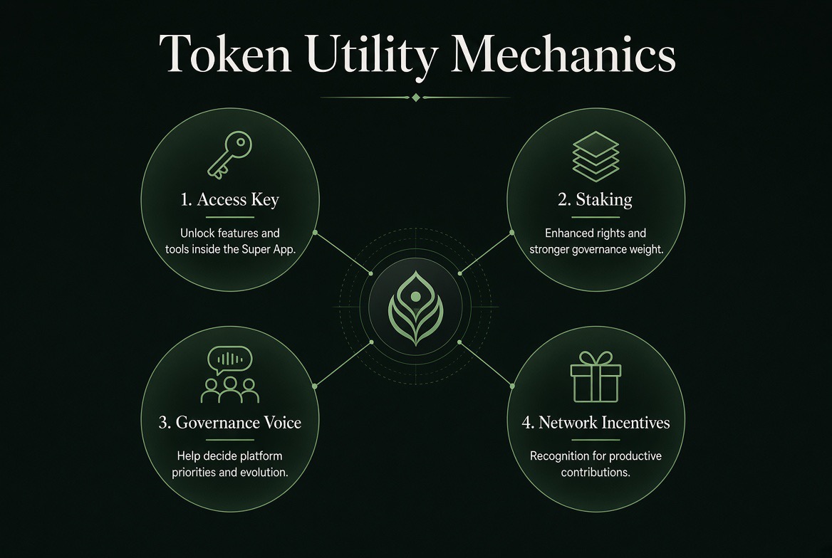 Token Utility Mechanics — four utility functions around the EcoQuest hub: Access Key, Staking, Governance Voice, and Network Incentives.