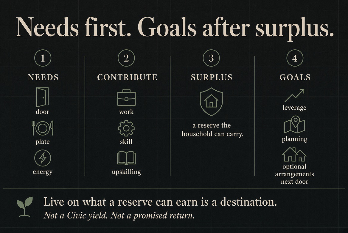 Needs first. Goals after surplus. — four numbered columns: 1. NEEDS (door, plate, energy), 2. CONTRIBUTE (work, skill, upskilling), 3. SURPLUS (a reserve the household can carry), 4. GOALS (leverage, planning, optional arrangements next door). Footer: live on what a reserve can earn is a destination; not a Civic yield, not a promised return.