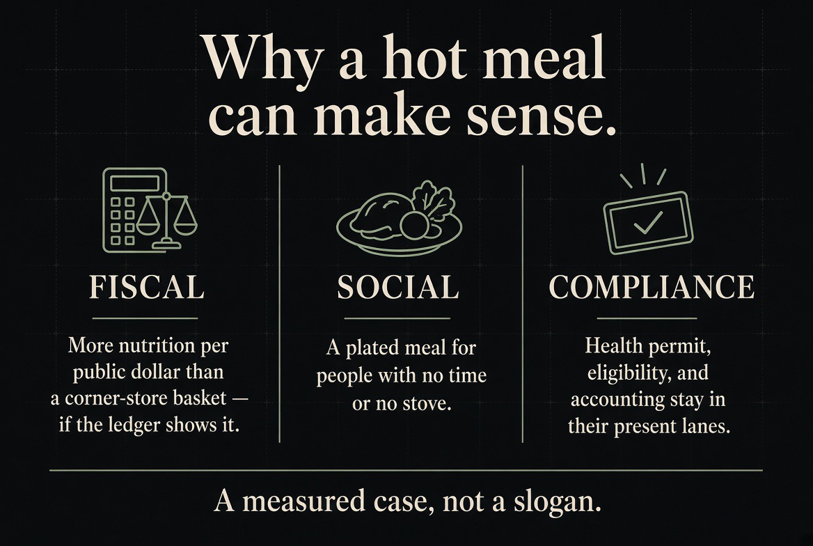 Why a hot meal can make sense — the fiscal, social, and compliance case, each in its present lane.
