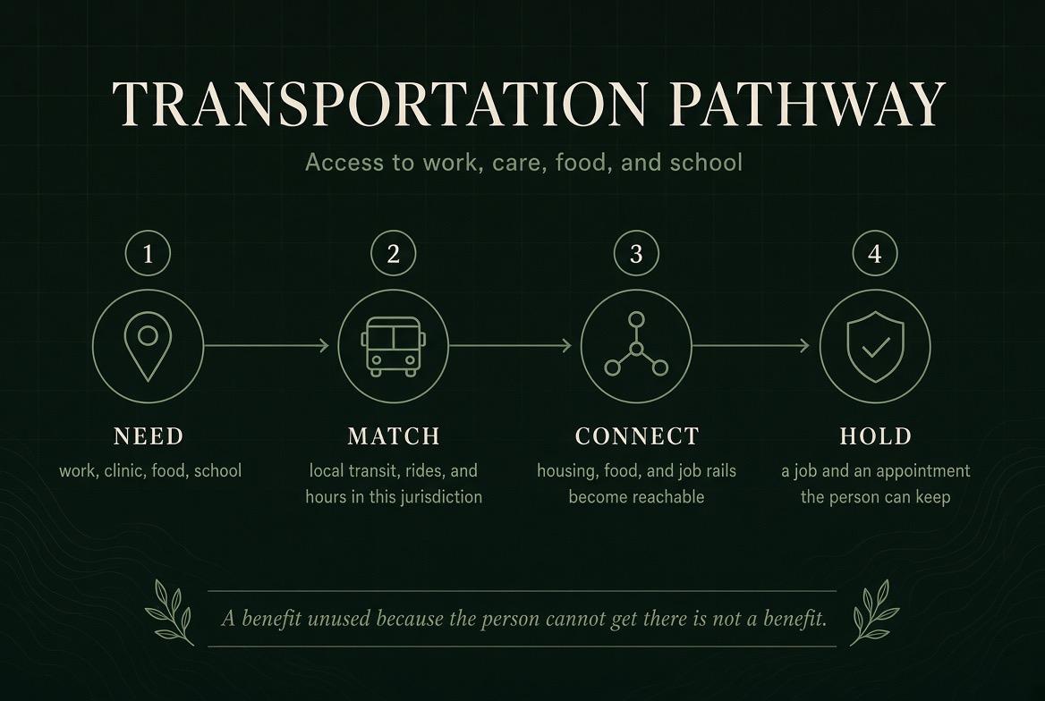 Transportation Pathway — four steps: Need (work, clinic, food, school), Match (local transit, rides, and hours in this jurisdiction), Connect (housing, food, and job rails become reachable), Hold (a job and an appointment the person can keep).