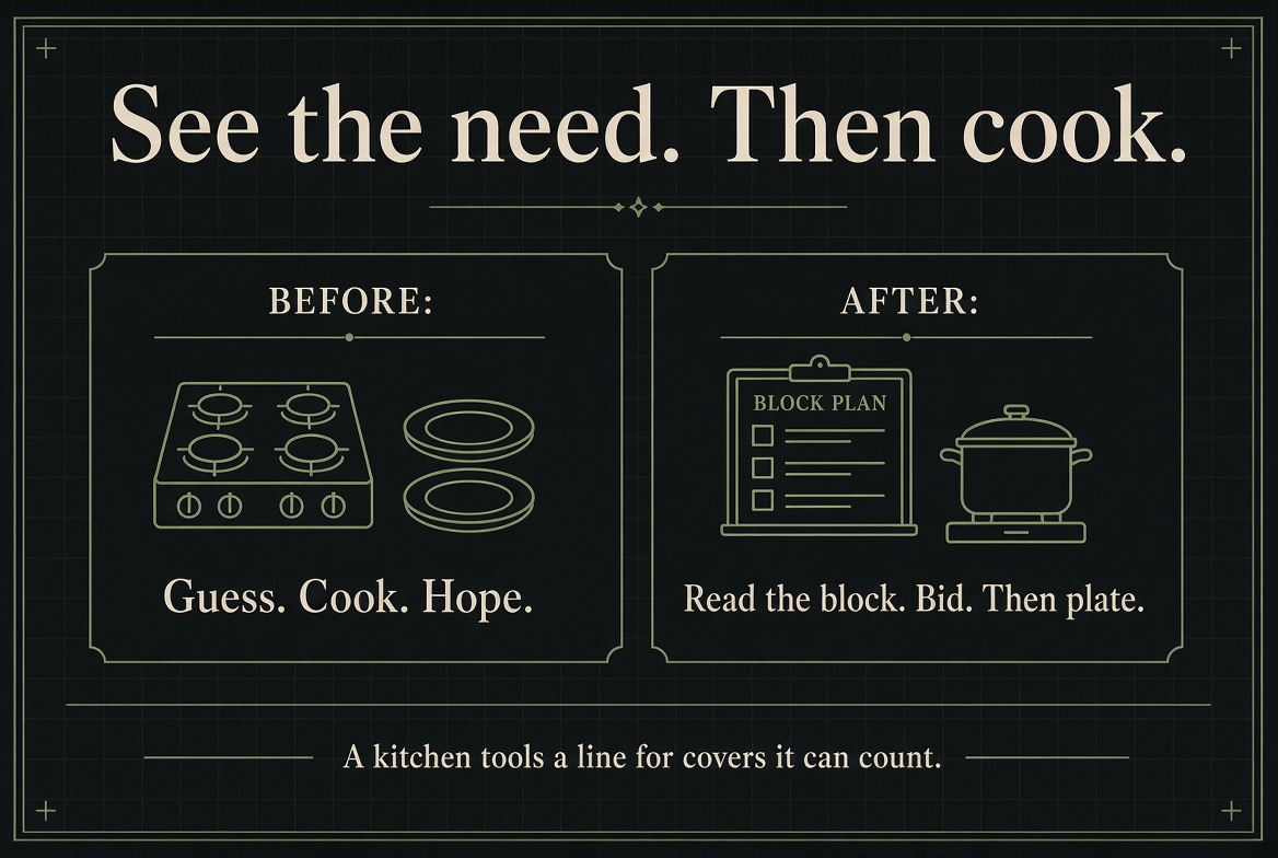 See the need, then cook — before, a kitchen guesses, cooks, and hopes; after, it reads the block, bids, then cooks.