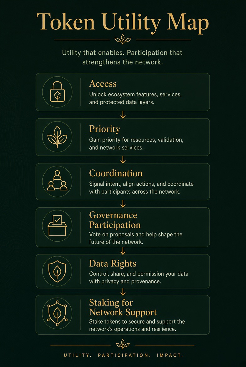 Token Utility Map — six functional roles of the Network Token: Access, Priority, Coordination, Governance Participation, Data Rights, and Staking for Network Support — utility that enables, participation that strengthens the network.