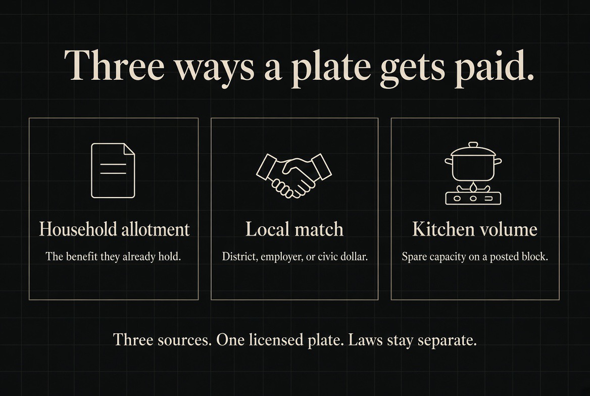 Three ways a meal gets paid — the household allotment they already hold, a local match from district or civic dollar, and kitchen volume on a posted block.