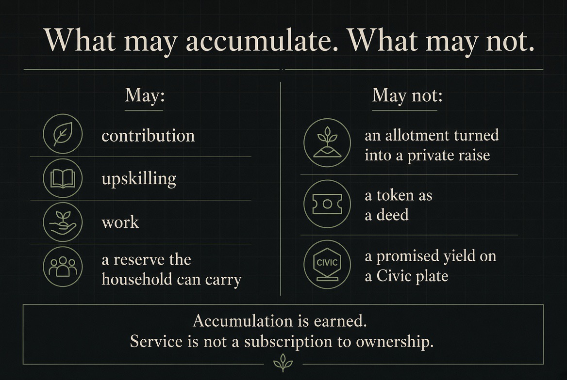 What may accumulate. What may not. — May: contribution, upskilling, work, a reserve the household can carry. May not: an allotment turned into a private raise, a token as a deed, a promised yield on a Civic plate. Footer: accumulation is earned; service is not a subscription to ownership.