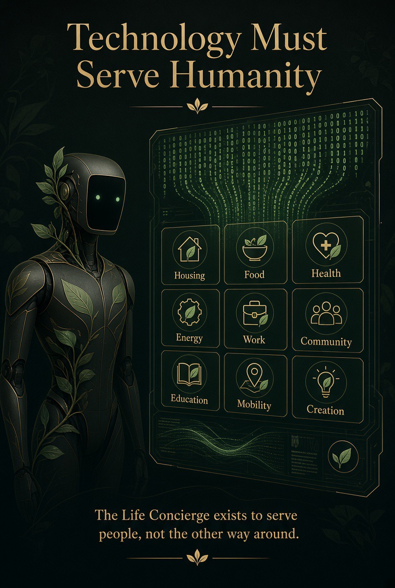 Technology Must Serve Humanity — a humanoid figure intertwined with organic vines beside a holographic 3x3 grid of human needs (housing, food, health, energy, work, community, education, mobility, creation), reminding that the Life Concierge exists to serve people, not the other way around.
