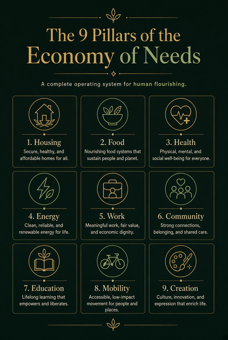 The 9 Pillars of the Economy of Needs — a complete operating system for human flourishing: Housing, Food, Health, Energy, Work, Community, Education, Mobility, and Creation.