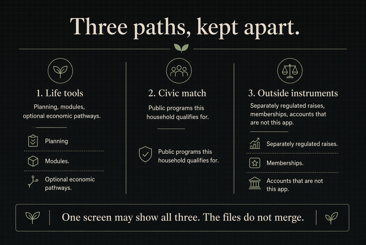 Three paths, kept apart — three columns: 1. Life tools (planning, modules, optional economic pathways), 2. Civic match (public programs this household qualifies for), 3. Outside instruments (separately regulated raises, memberships, accounts that are not this app). Footer: one screen may show all three; the files do not merge.