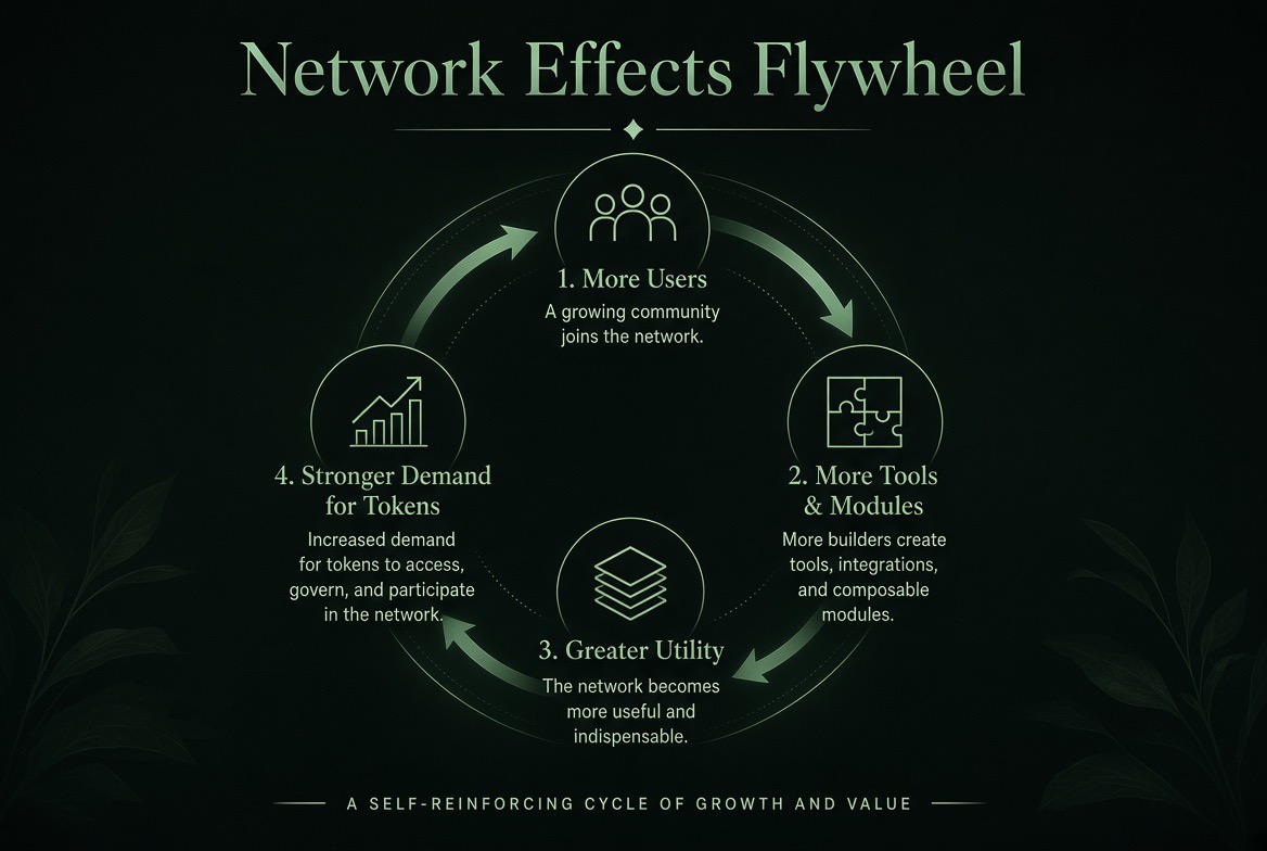 Network Effects Flywheel — a self-reinforcing cycle: more users lead to more tools and modules, which create greater utility, which drives stronger demand for tokens, which brings more users.