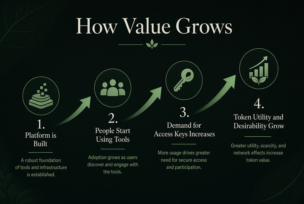 How Value Grows — a four-step progression: platform is built, people start using tools, demand for access keys increases, and token utility and desirability grow.