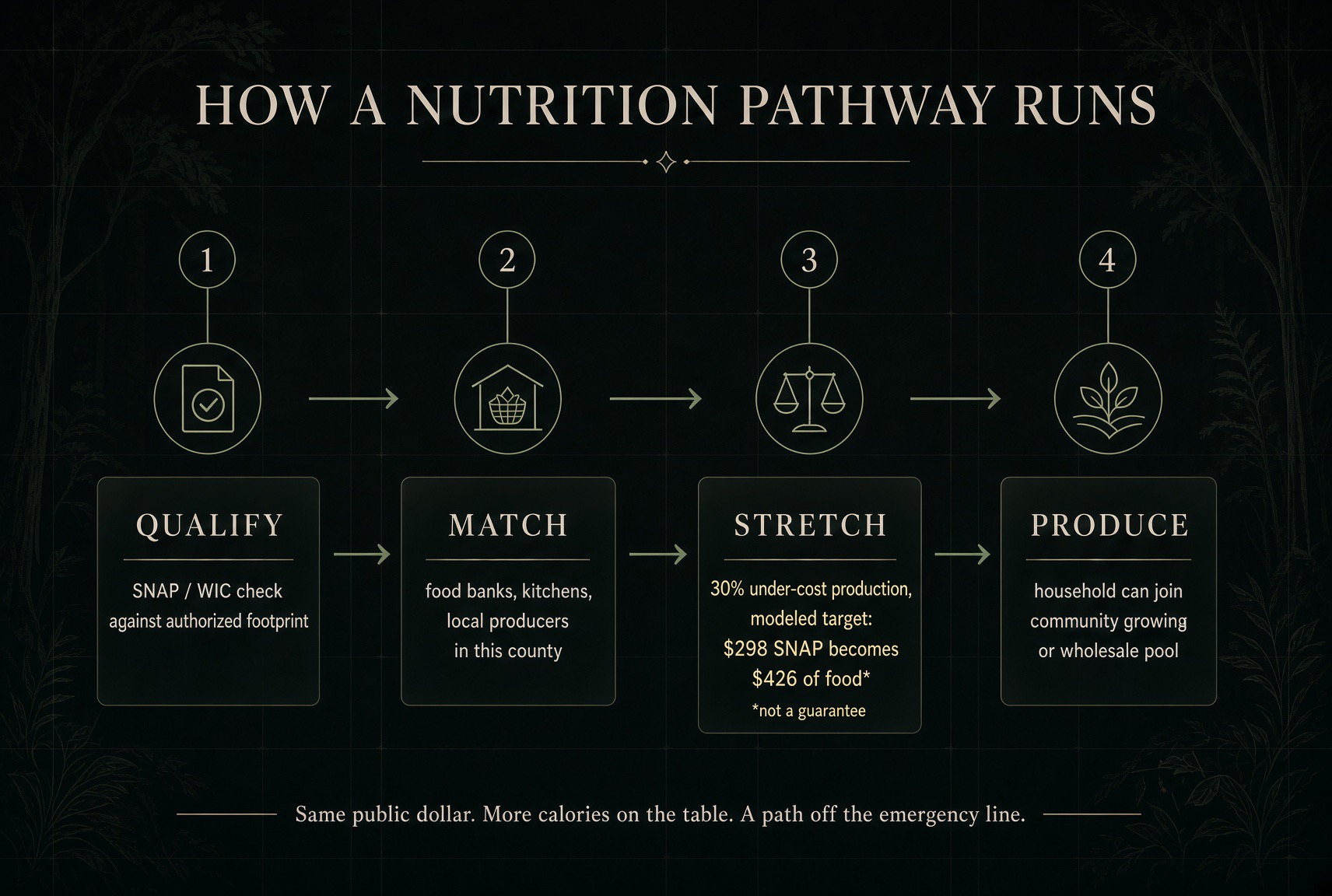How a Nutrition Pathway Runs — four steps: Qualify (SNAP / WIC check against authorized footprint), Match (food banks, kitchens, local producers in this county), Stretch (30% under-cost production, modeled target: $298 SNAP becomes $426 of food — not a guarantee), Produce (household can join community growing or wholesale pool).