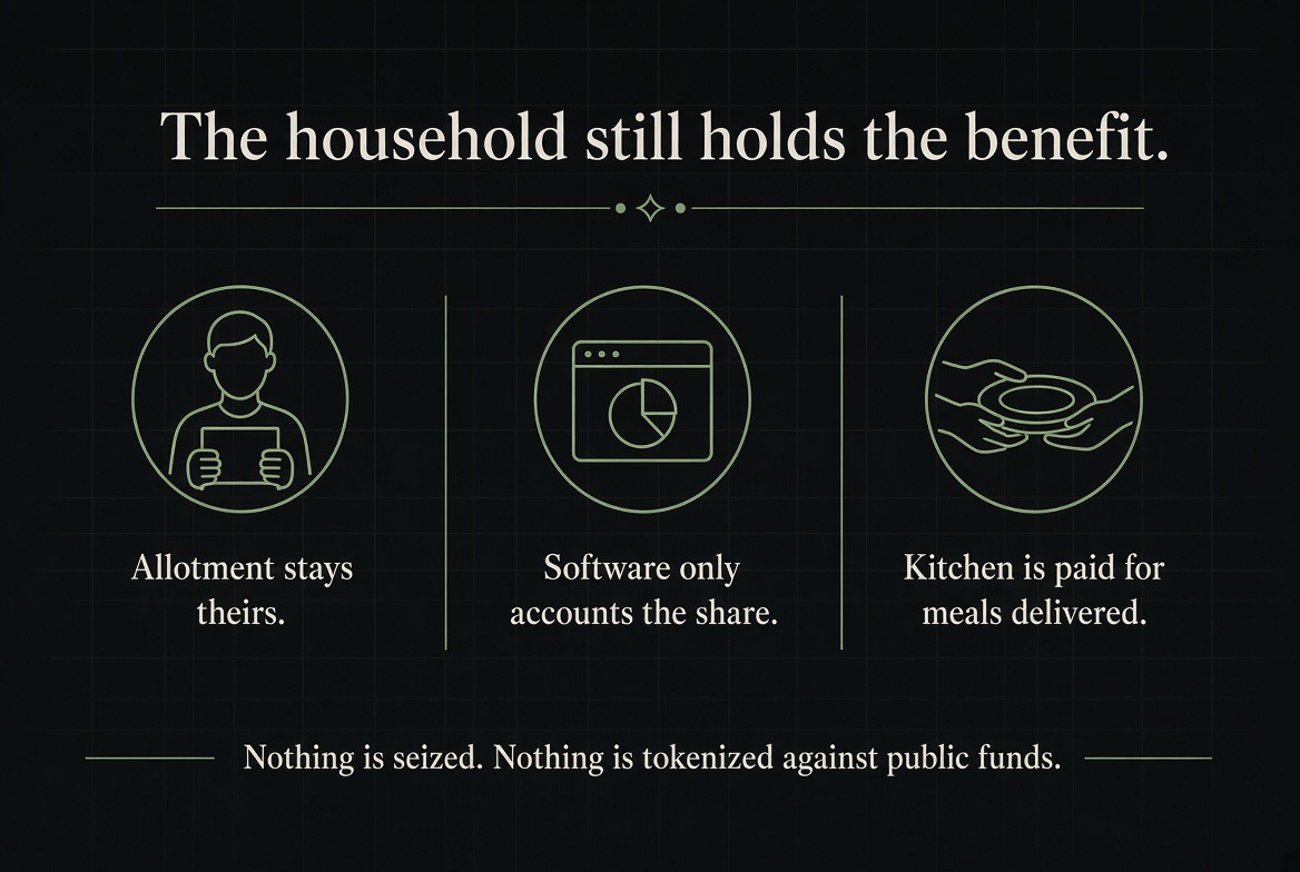 The household still holds the benefit — the allotment stays theirs, the software only accounts the share, and the kitchen is paid for meals delivered. Nothing is seized or tokenized.