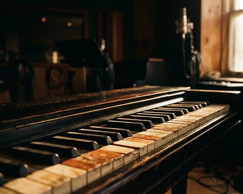 Aged piano keys in amber light