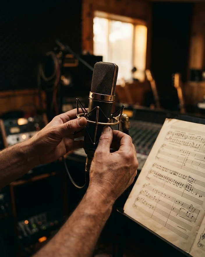 Hands adjusting a studio microphone
