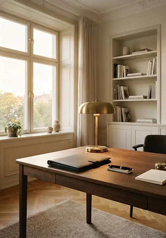 The Efficient Officiant's desk with ceremony contracts, a calendar, and a fountain pen