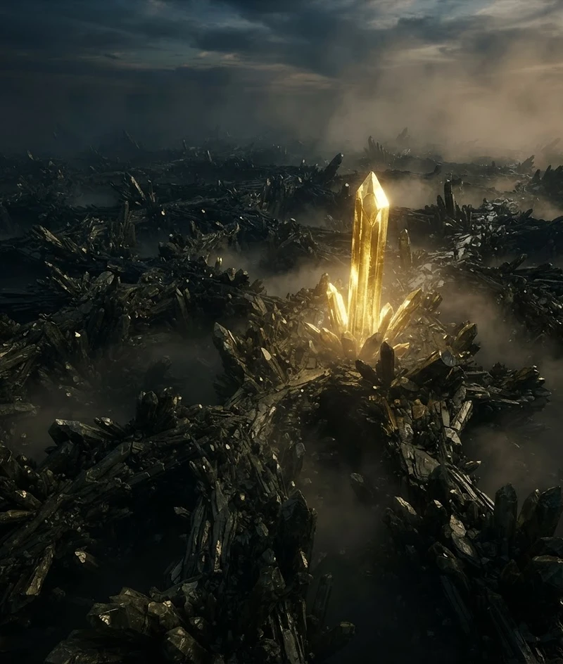 Dark crystalline landscape with a single gold pillar