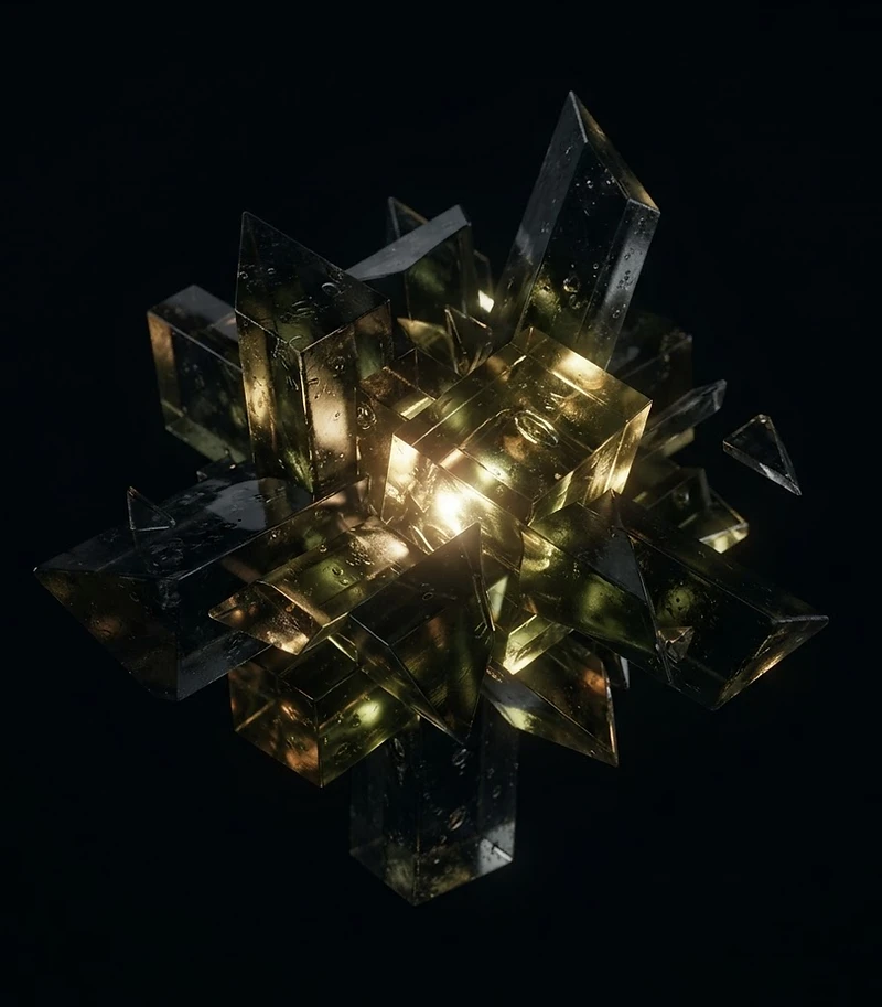 Interlocking glass prisms radiating warm gold light