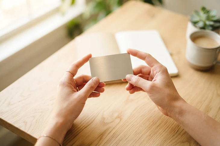 Hands holding a debit card over a clean wooden surface