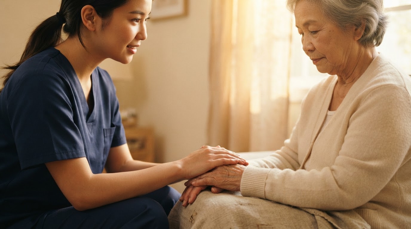 A caregiver and elderly resident sharing a warm moment at iCare