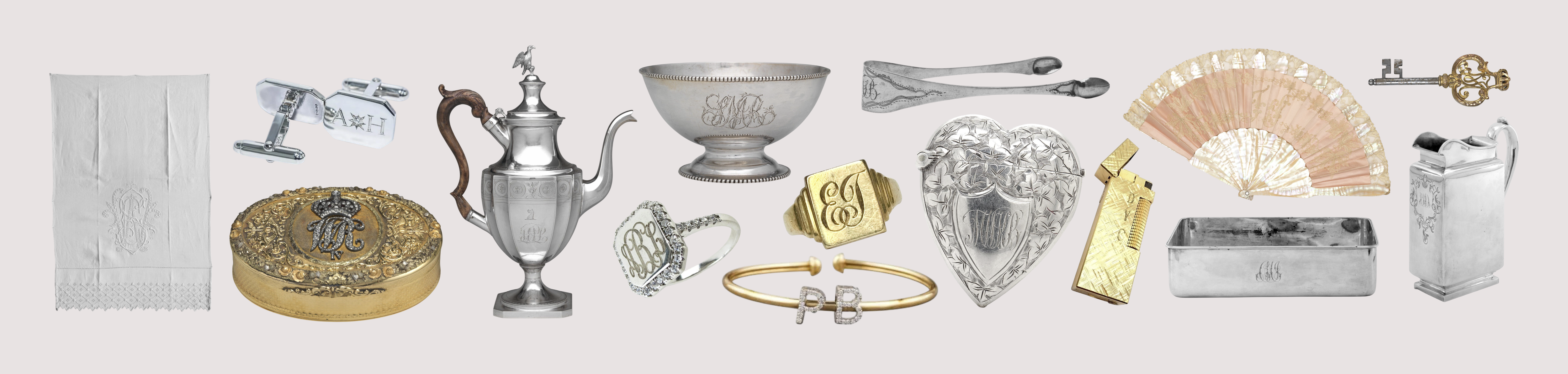A curated collage of secondhand monogrammed and personalized pieces.