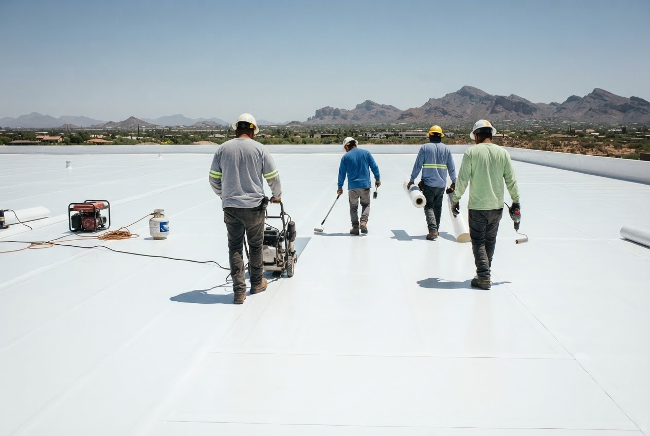 Outlaws Roofing crew working on a commercial roof in Arizona