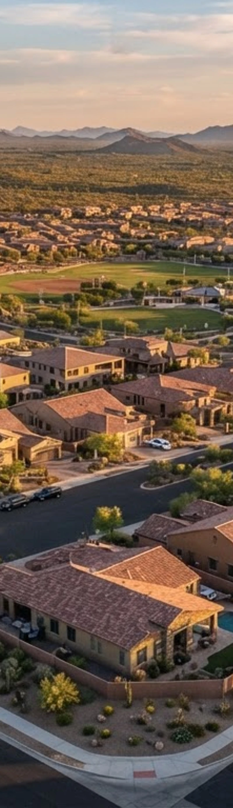 Aerial view of neighborhoods with tile roofs