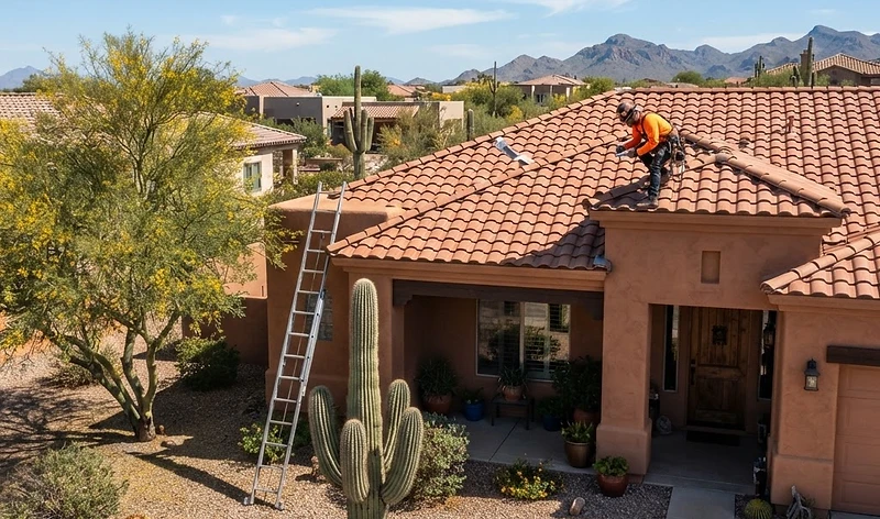 Roof maintenance inspection on an Arizona home